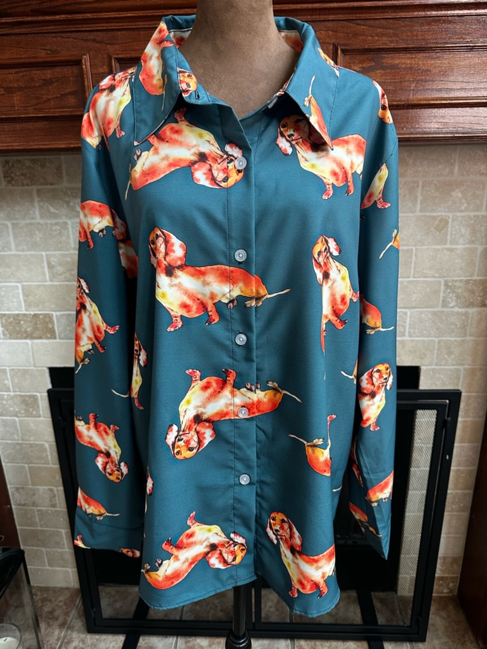 NWT - Teal Dachshund Print Long-Sleeve Button-Up Shirt by JAMMY JOB